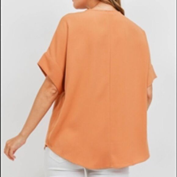 Zena Butter Orange Woven Neck Short Sleeve Top - Picture 3 of 6